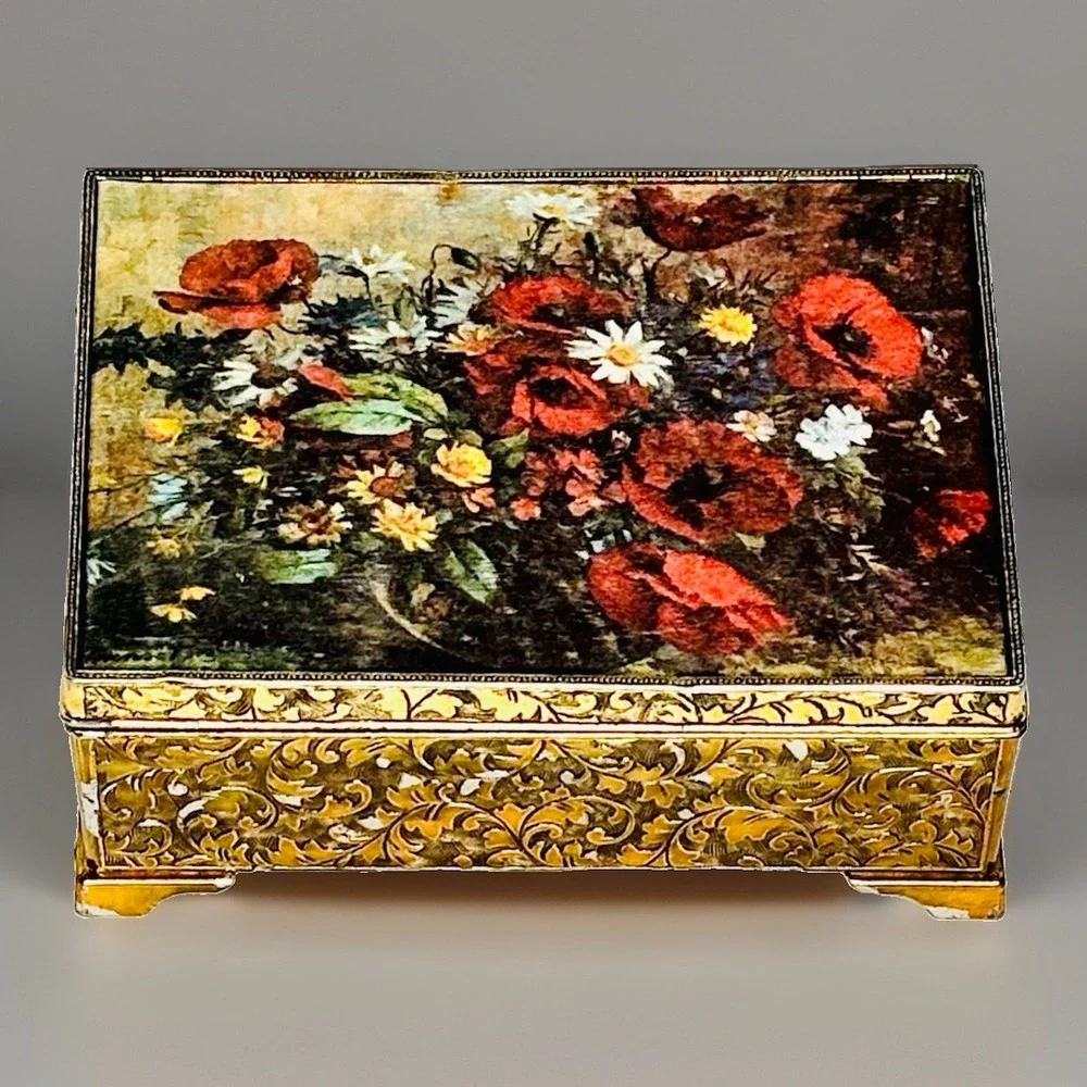 Vintage Schmid Bros Music Box Camelot Flowers Red Velvet Made In Japan Jewelry